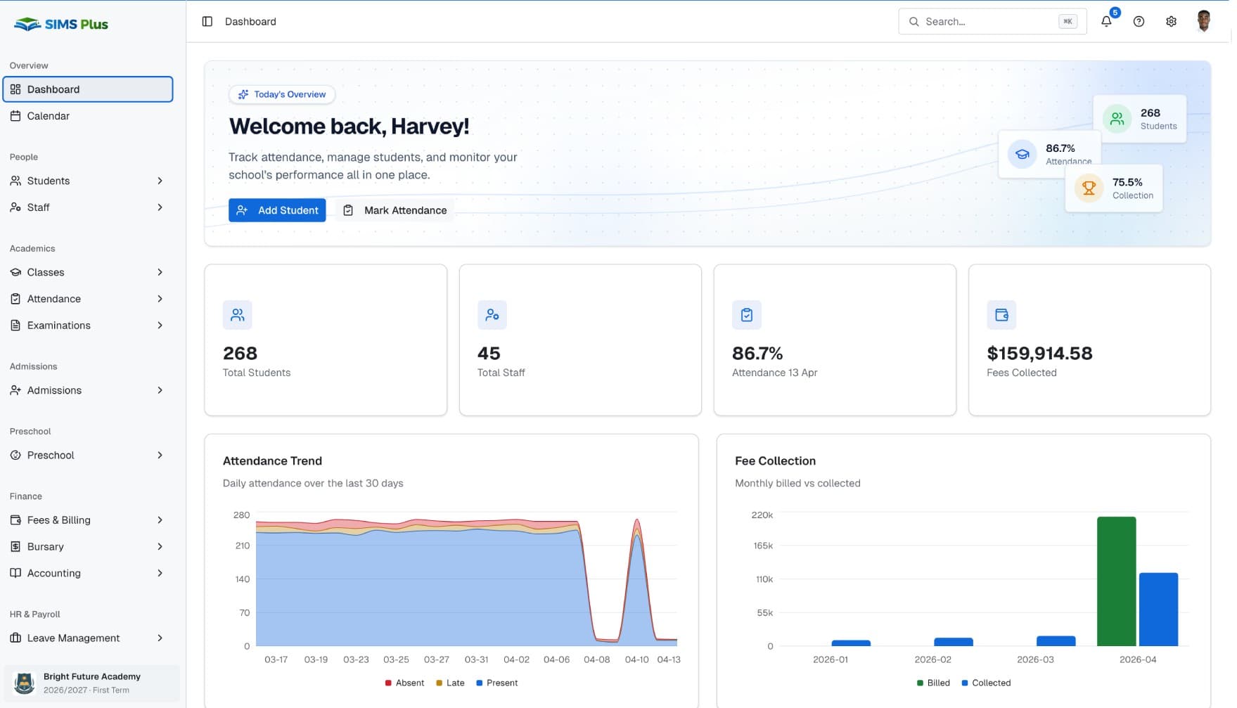 SIMS Plus admin dashboard showing student management, payments, and attendance tracking